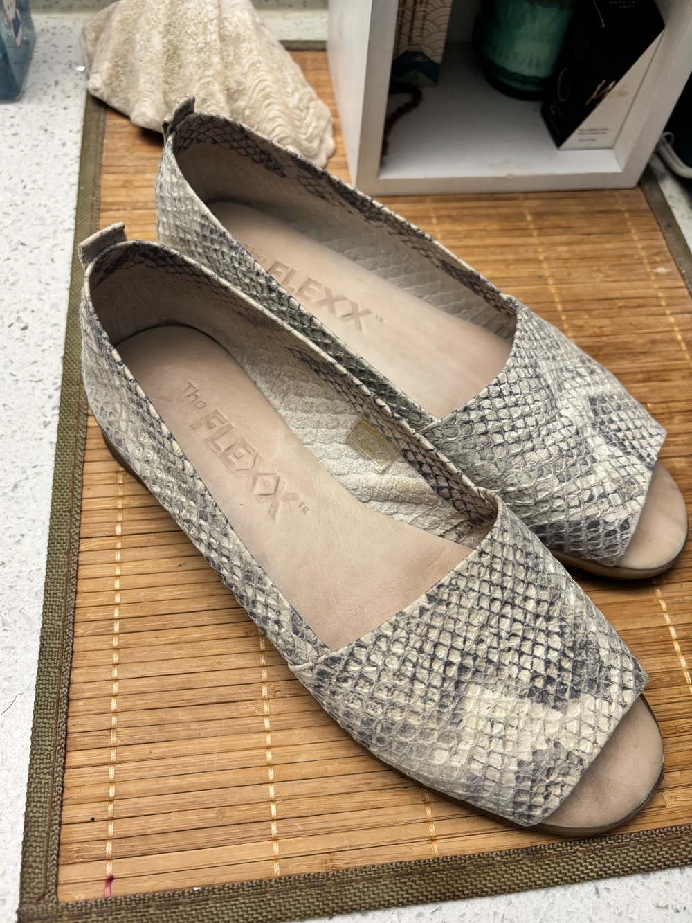 The Flexx leather snakeskin print peep toe flat